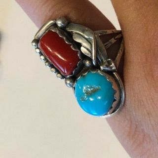 Vintage Sterling Silver Native Southwestern Turquoise And Coral Ring Size 5