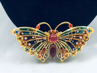 Vtg.  Joan Rivers Pink Jelly Belly Cabochon Rhinestone Large Butterfly Brooch
