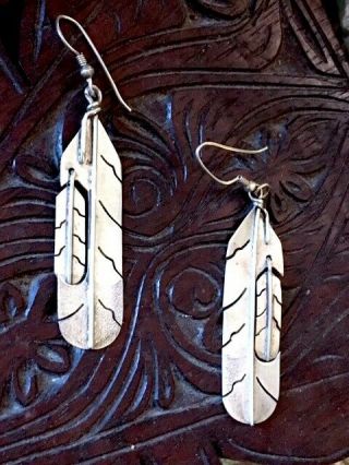 Vintage Navajo 925 Sterling Silver Articulated Feather 2 3/4 " Dangle Earrings 7g