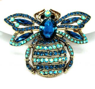 Big 3d Blue Bumble Bee Rhinestone Retro Vintage Style Necklace Pendant Brooch