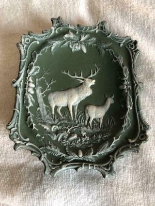 Vintage Germany Green & White Jasperware 5 " Wide W/ 2 Deer Decor Wall Plaque