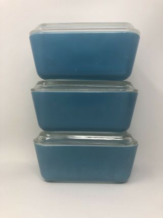 Vintage Pyrex 1 1/2 Pint Primary Blue Refrigerator Dish With Lid 502 Set Of 3