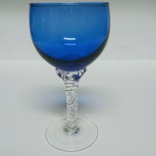 Vintage Cobalt Blue Glass Swirl Clear Crystal Stem Wine Glass Water Goblet 5.  75 "