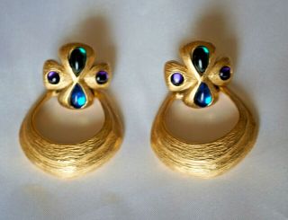 Vintage Trifari Tm Gold Tone Multi Color Glass Cabochon Post Earrings