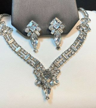 Vintage 1950’s Clear Glass Rhinestone Cluster Necklace Wedding Earring Set
