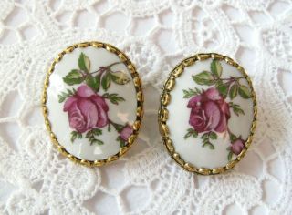 Vintage Czech Earrings Clip - On Porcelain Hand Painted Pink Flowers Earrings Clip