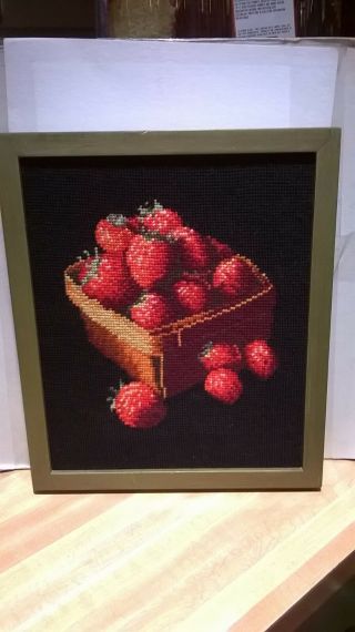 Vtg Basket Of Strawberries - Finished Needlepoint In 13 " X 11 1/4 " Green Frame