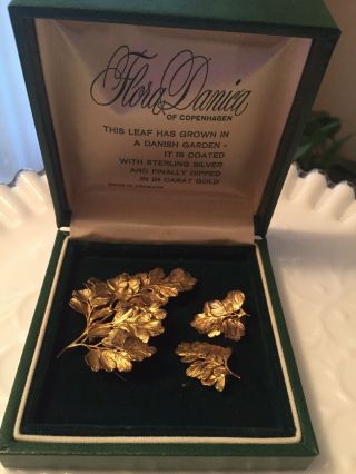 Vintage Flora Danica Botanical Sterling / 24k Gold Pin & Earrings Denmark