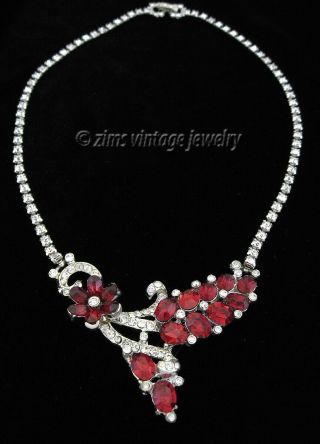 Vintage 1950’s Silver Ruby Red Rhinestone Floral Flower Pendant Choker Necklace