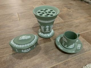 Wedgewood Jasperware Green Vase,  Cup & Saucer,  And Jewelry Dish - Vintage