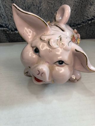 Vintage 50’s Lefton? Pig Piggy Bank Applied Flowers 5 1/2 " Japan