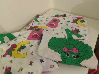 Vintage 1993 Twin Size Barney & Friends Sheet Set Flat,  Fitted & Pillowcase (86
