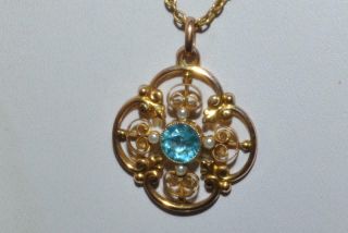 Glorioous Vintage Edwardian Pendant Set With Seed Pearls And A Turquoise Stone