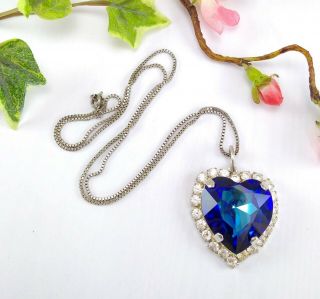 Vintage Large Blue Heart Of The Ocean Style Pendant Necklace