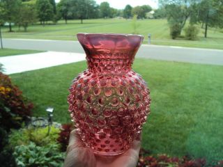 Vintage Fenton Cranberry Opalescent Glass Hobnail Small Vase 5 - 1/2 " Ruffled Edge