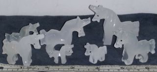 Vintage Hand Carved White / Clear Onyx Stone Unicorn Set 7 Graduated Figurines