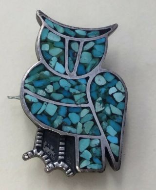 Vintage Sterling Silver 925 Inlay Turquoise Owl Pin/pendant Cck28