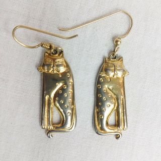 Laurel Burch Vintage Siamese Cat Gold Toned Pierced Dangle Earrings Signed