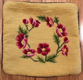 Vintage Wool Needlepoint Pillow Cover With Red Flower Wreath 13 X 13 Hand Made