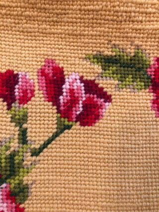 Vintage Wool Needlepoint Pillow Cover With Red Flower Wreath 13 X 13 Hand Made 4