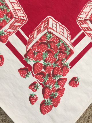 Vtg Mid Century Tablecloth Red White Strawberries In Baskets 46” X 48” Cottage