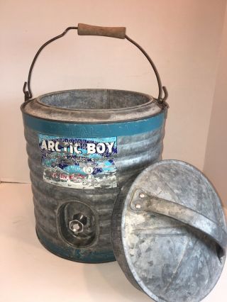 Vintage Arctic Boy 2 Gallon Galvanized Metal Lined Water Cooler Wood Handle 2