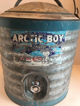 Vintage Arctic Boy 2 Gallon Galvanized Metal Lined Water Cooler Wood Handle 3