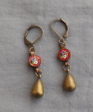 Vintage Drop Dangle Floral Victorian Style Micro Mosaic Earrings