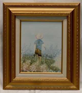 Estate Found Vintage Boy Out Fishing Oil Painting On Canvas Panel (framed)