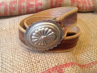 Large Vintage Concho Stamped Nickel Silver Belt Buckle By Bell Trading Post