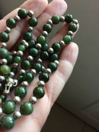 22” Vintage Jade And Sterling Silver Beaded Necklace With Hasp