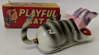 Vintage 1960 ' s Alps Japan Tin Wind - up Toy Roll - Over PLAYFUL CAT 2