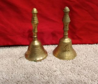 Set Of 2 Small Vintage Brass Bells - Handheld/2 Tones - Gold/brass Color - India