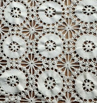 Vintage 1950s - 60s 84 X 73” Crochet Tablecloth Ecru Cotton