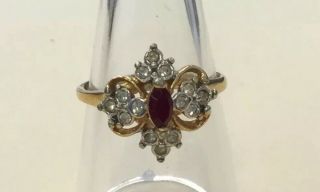 Vintage 18k Gold Electroplated Red & Clear Rhinestone Ring Sz 7.  5 Zza13