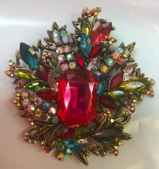 Gorgeous Vintage - Like Flower Brooch Pin Large Rhinestones.  3x3 Stones Pink Fire