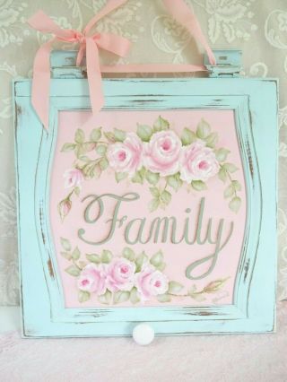 Bydas Family Plaque W Pink Rose Wood Hp Hand Painted Chic Shabby Vintage Cottage