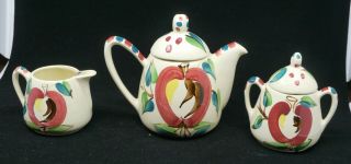 Vintage Purinton Hand Painted Pottery Tea Set,  Pot,  Creamer & Sugar W Cut Apple