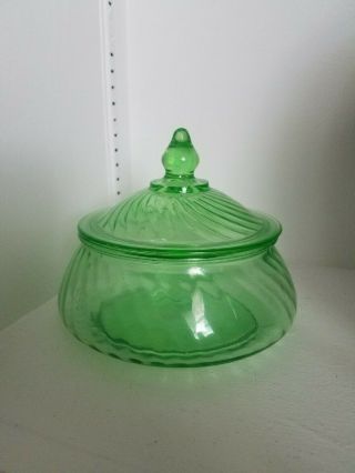Vintage Green Depression Glass Lidded Candy Jar Swirls Pattern Uranium