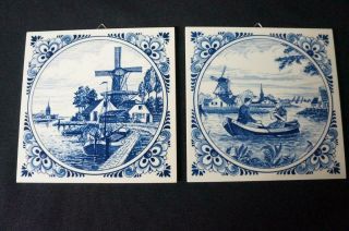 2 Vintage Delft Dutch Blue & White Windmill 6” Square Tiles Hand Painted