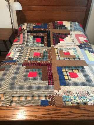Vtg Quilt Hand Made All Cotton Square Pieced Blocks Plaid Fall Primitive Colors