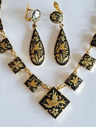 Vintage Estate Jewelry Damascene Necklace & Earrings Bird Floral Design