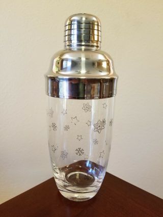 Vintage Mcm Clear Glass Silver Snowflake Star Martini Cocktail Shaker Chrome Lid