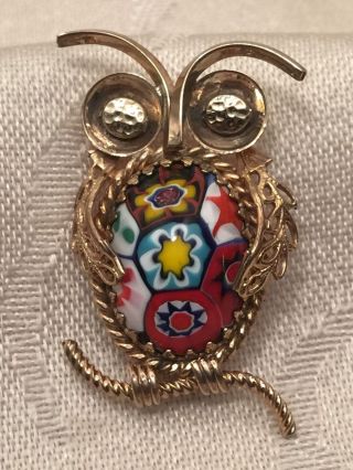 Vintage Owl Brooch Pin 18kt Gf Gold Millefiori Italy Italian Style 1 1/2 "