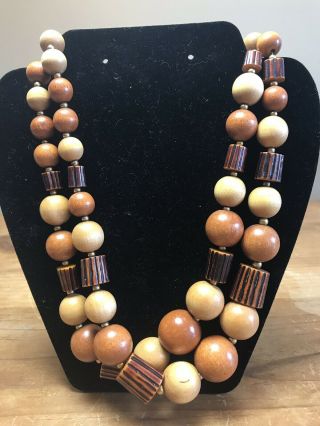 Brown Wooden Beaded Necklace Double Strand Wood Beads Vintage Fashion Statement