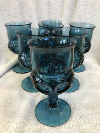 Vintage 60’s Indiana Glass Smokey Blue Kings Crown Goblets (7) Water Wine 6oz