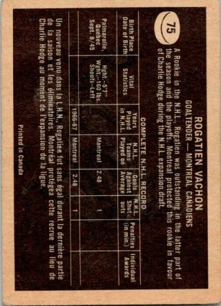 1967 - 68 Topps Rogatien Vachon Rookie Card 75 Good Vintage Hockey Card 2