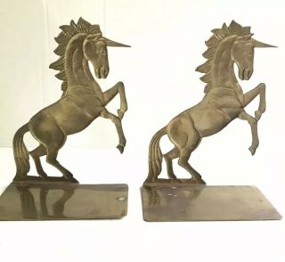 Vintage Brass Metal Unicorn Bookends Mid Century Pair Horse Decor