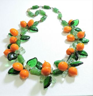 Vintage Orange Fruit Green Leaves Lampwork Art Glass Bead Necklace Au19123