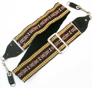 Vtg Hippie Woven Camera Strap 2 " Wide Leather End,  Swivel Clip Brown Red Yellow,